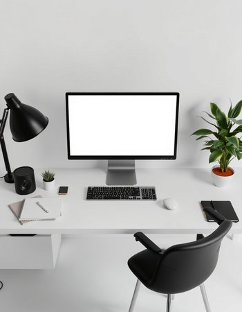 Modern workplace with blank computer screen, keyboard, stationery and decorations on white...