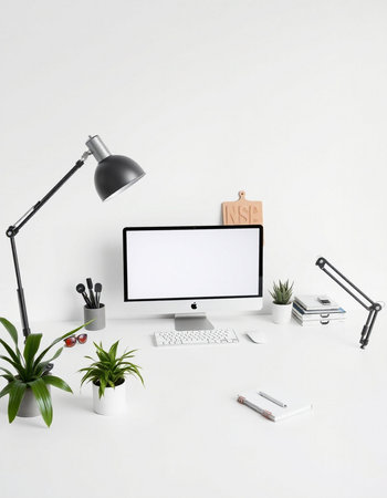 workplace with computer, stationery and plants on white wall background