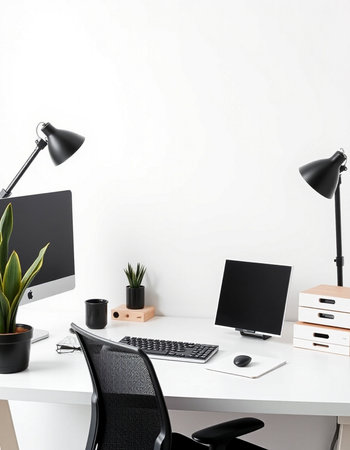 Workplace with computer, lamp and plant. 3d render.