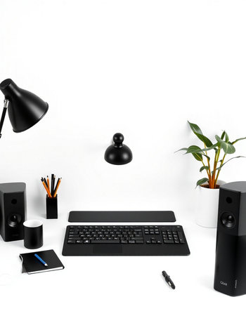 Office workplace with computer, keyboard, mouse, notebook, lamp, coffee cup and plant on white...