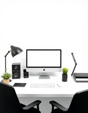 workplace with computer, lamp, plant and other objects on white background