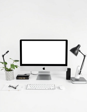 Modern workspace with blank computer monitor, keyboard, mouse, lamp and other items. Mock up, 3D...
