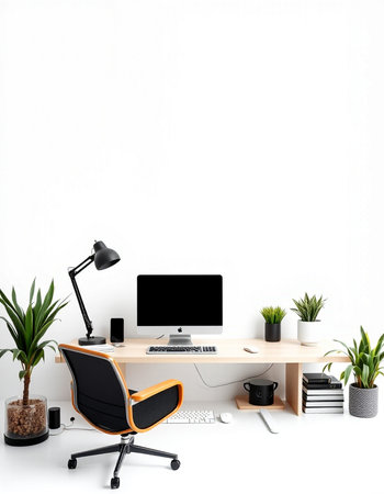 Modern workspace with computer, supplies and plants on white wall background. 3D Rendering