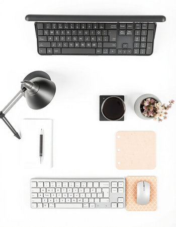 White office desk table with keyboard, mouse, notebook and coffee cup. Flat lay, top view