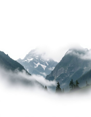 Mountain landscape with snow and fog. Caucasus Mountains, Georgia.の写真素材