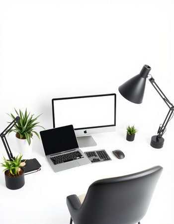 workplace with computer, lamp and plant on white background. 3d rendering.