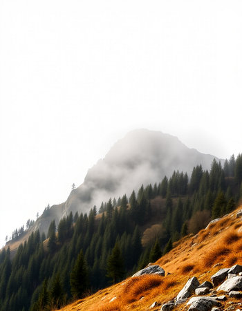 Mountain landscape with fog in the morning. Caucasus Mountains, Georgia.の写真素材
