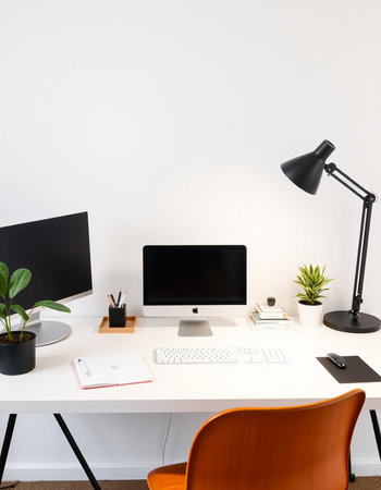 Modern workspace with blank computer screen, stationery and plants. Mock upの写真素材