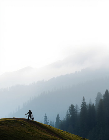 Silhouette of photographer on the top of mountain with foggy backgroundの写真素材