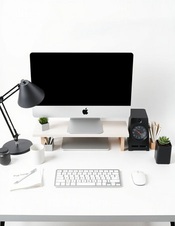 Modern workplace with computer, stationery and other objects on white background