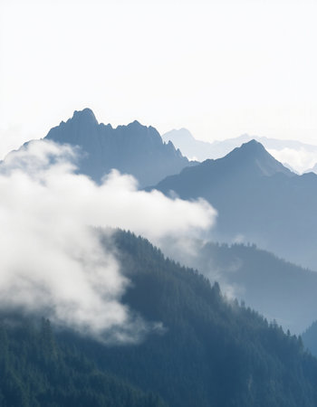 Mountain landscape with fog and clouds. Caucasus Mountains, Georgia.の写真素材
