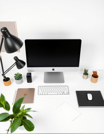Modern workspace with computer, keyboard, mouse, and other items. 3D Rendering