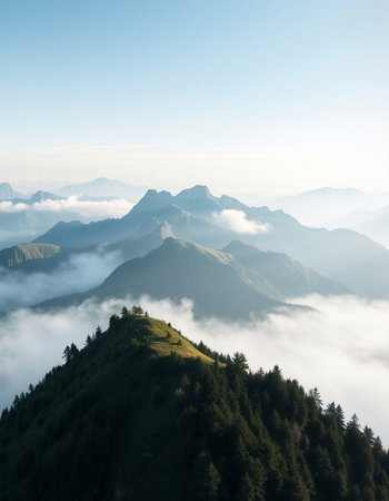 Beautiful mountain landscape with fog in the morning. View from the top of the mountain.