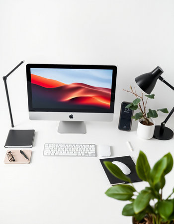 Workplace with computer, mouse, keyboard and office supplies on white background