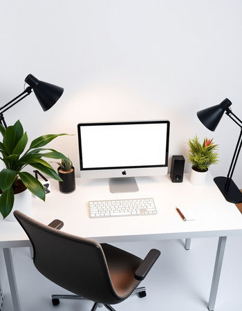 workplace with computer, plant and lamp. 3d rendering.