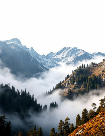 Mountain landscape with fog and coniferous forest.
