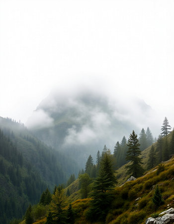 Mountain landscape with coniferous forest and fog in the morning