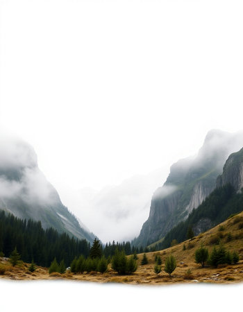 Mountain landscape with fog and clouds on a misty day.