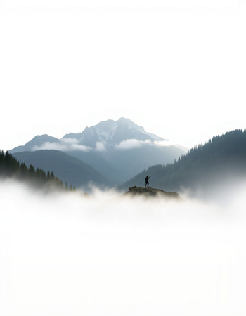 Silhouette of a man standing on top of a mountain with fogの写真素材