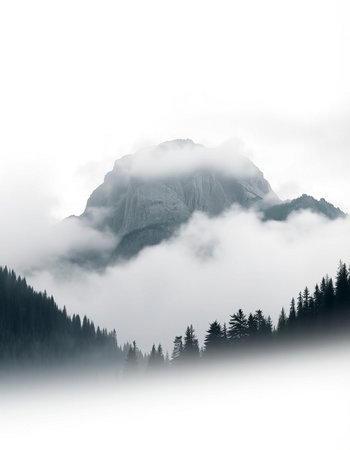 Foggy mountain landscape with coniferous forest in the foreground