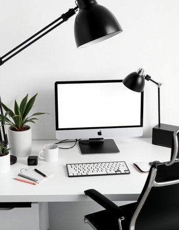 Workplace with computer, lamp and stationery on table in office