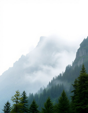 Mountain landscape with fog and mist in the morning. Caucasus Mountains, Georgia.の写真素材