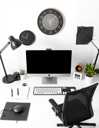 Modern workspace with computer on white background. Flat lay, top view