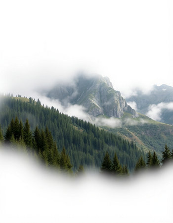 Mountain landscape with coniferous forest and high peaks in fog