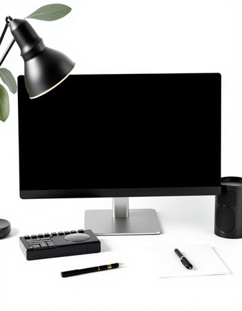 Desktop computer and office supplies on a white background. 3D rendering.
