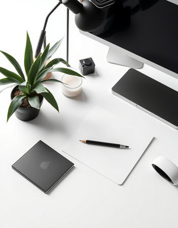 Modern office desk with laptop, tablet, coffee cup and stationery on white background