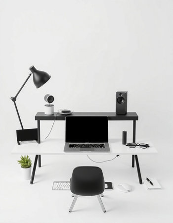 Modern workplace with blank screen computer monitor, keyboard, mouse, coffee cup, headphones, lamp and other items. 3D Renderingの写真素材