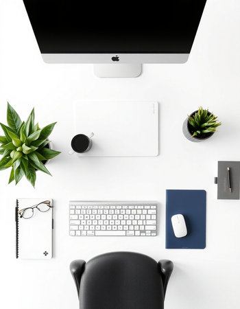Modern white office desk table with computer, supplies and coffee cup. Flat lay, top view