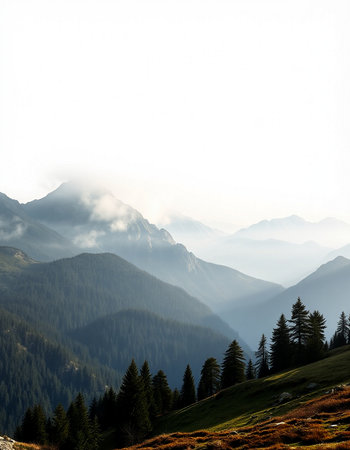 Mountain landscape with coniferous forest and foggy mountains.