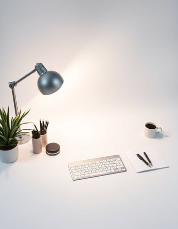 Minimal workspace with computer keyboard, coffee cup, plant and other items. 3D Renderingの写真素材