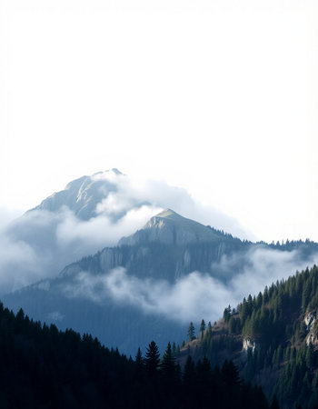 Mountain landscape with fog and clouds in the morning. Caucasus, Russia