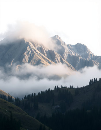 Mountain landscape with clouds and fog. Dolomites, Italy