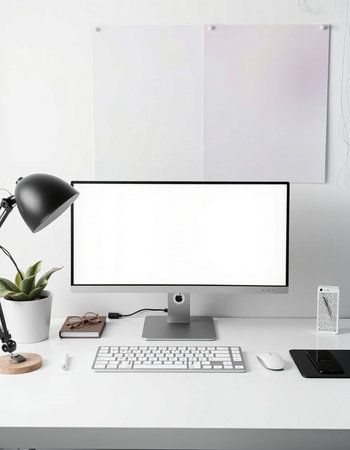 Workplace with computer, keyboard, mouse and coffee cup.