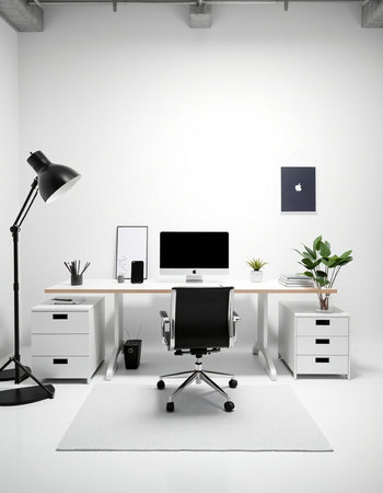 workplace with computer, lamp and plant in modern office 3d renderの写真素材
