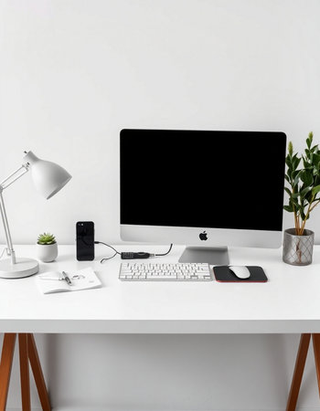 Modern workspace with computer, stationery and plant on white table. 3d render