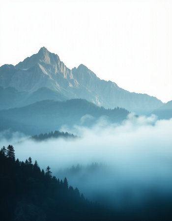 Foggy morning in the mountains. Landscape with foggy mountains.の写真素材