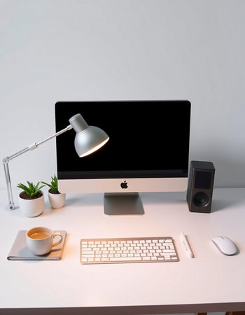 Workplace with computer, keyboard, mouse, lamp and coffee cup