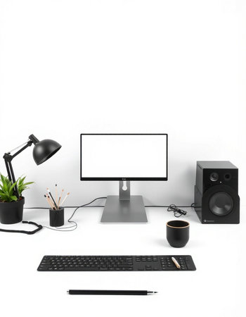 Computer screen, keyboard, mouse, mouse, coffee cup and a lamp on a white background