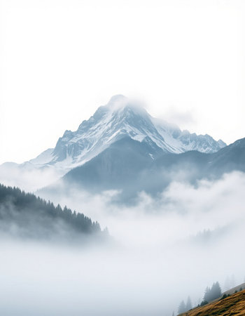 Mountain landscape with snow and fog. Caucasus Mountains, Georgia, region Gudauri.