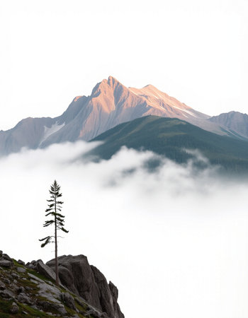 Mountain landscape with fog and a pine tree in the foreground.