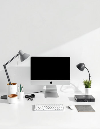 Workplace with computer, keyboard, mouse, coffee cup, lamp and other items. Mock up, 3D Rendering