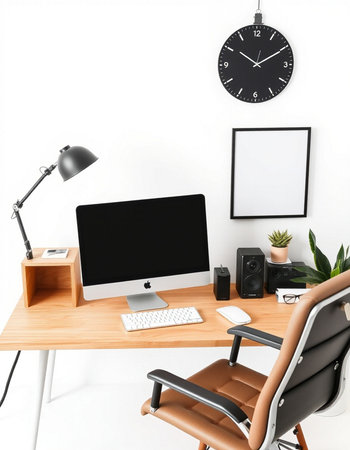 Interior of modern office with computer, plant, chair and clock