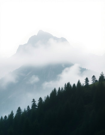 Foggy mountain landscape with pine trees on top of the mountain