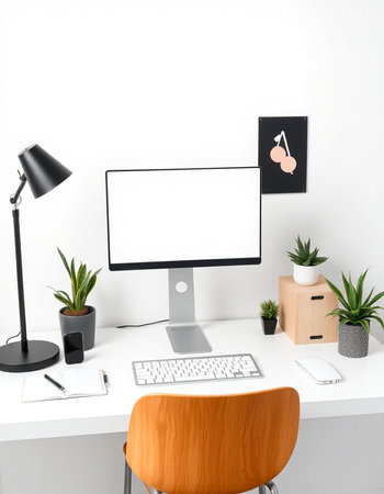 Workplace with computer, keyboard and stationery on the table.