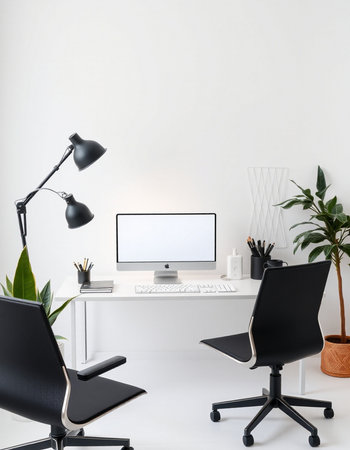Mock up computer desktop with black armchair, lamp and plant on white wall background