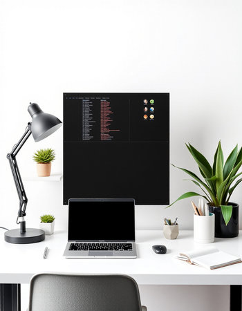 Modern workspace with blank screen laptop, supplies and decorations. Mock up, 3D Rendering